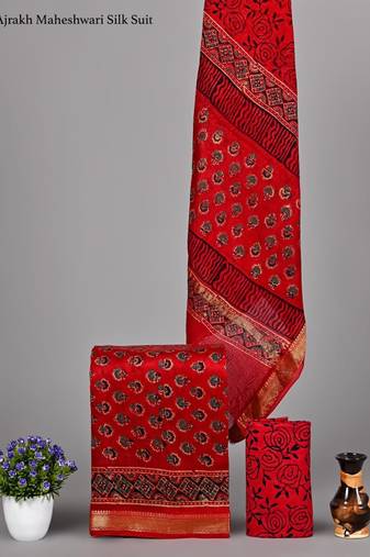 Red exclusive new hand block printed maheshwari silk zari border suits pieces