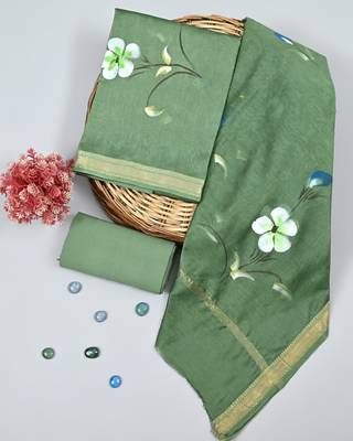 Mehendi exclusive new hand block printed maheshwari silk zari border suits pieces 1