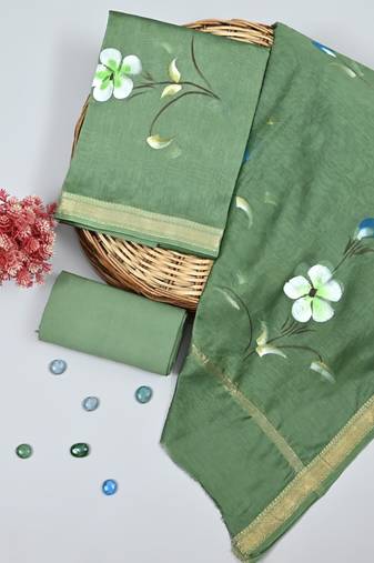 Mehendi exclusive new hand block printed maheshwari silk zari border suits pieces