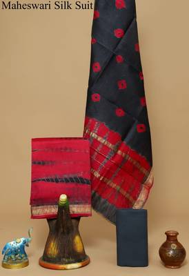 Dark grey exclusive new hand block printed maheshwari silk zari border suits pieces 1