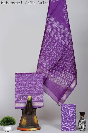 Purple exclusive new hand block printed maheshwari silk zari border suits pieces
