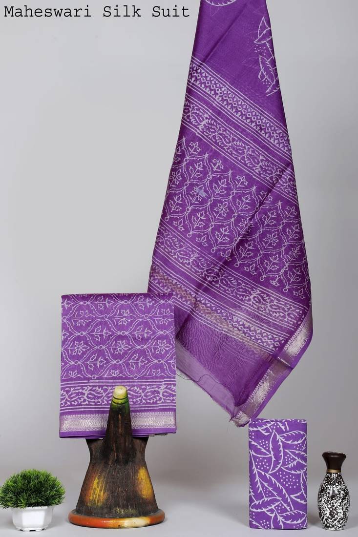 Purple exclusive new hand block printed maheshwari silk zari border suits pieces