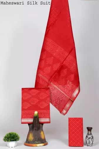 Red exclusive new hand block printed maheshwari silk zari border suits pieces
