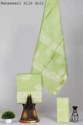 Green exclusive new hand block printed maheshwari silk zari border suits pieces 1
