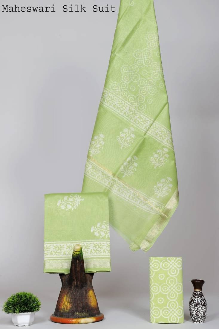 Green exclusive new hand block printed maheshwari silk zari border suits pieces