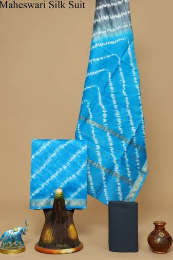 Blue exclusive new hand block printed maheshwari silk zari border suits pieces