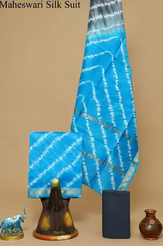 Blue exclusive new hand block printed maheshwari silk zari border suits pieces