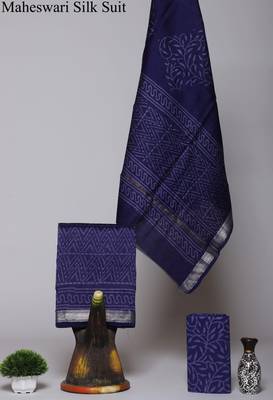 Royal blue exclusive new hand block printed maheshwari silk zari border suits pieces 1