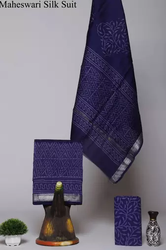 Royal blue exclusive new hand block printed maheshwari silk zari border suits pieces