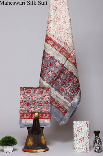 Multicolor exclusive new hand block printed maheshwari silk zari border suits pieces