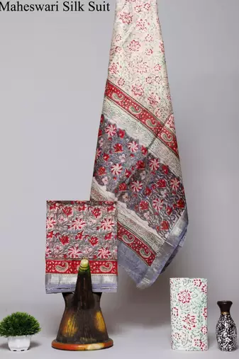 Multicolor exclusive new hand block printed maheshwari silk zari border suits pieces