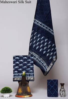 Royal blue exclusive new hand block printed maheshwari silk zari border suits pieces 1