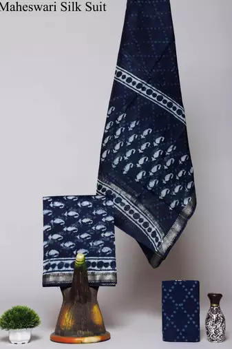 Royal blue exclusive new hand block printed maheshwari silk zari border suits pieces