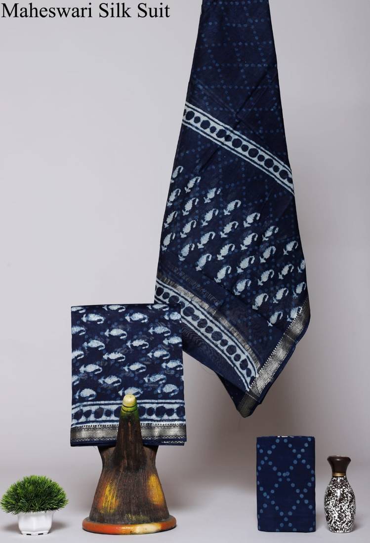 Royal blue exclusive new hand block printed maheshwari silk zari border suits pieces