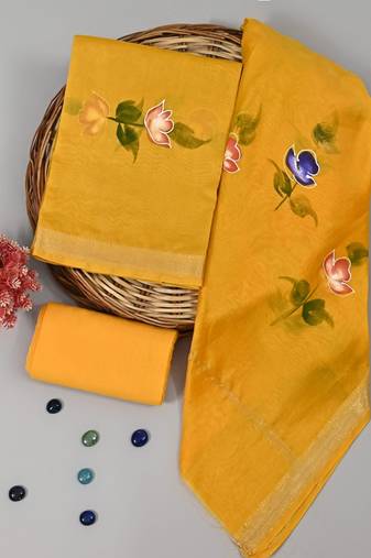 Yellow exclusive new hand block printed maheshwari silk zari border suits pieces