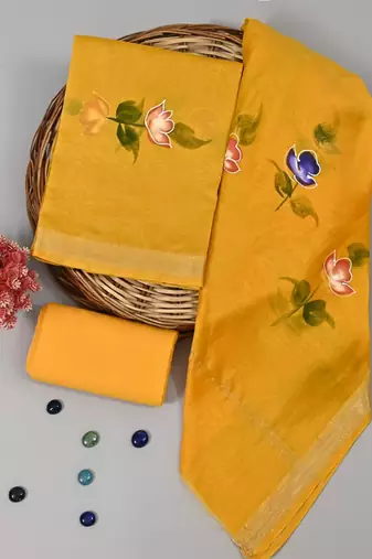 Yellow exclusive new hand block printed maheshwari silk zari border suits pieces