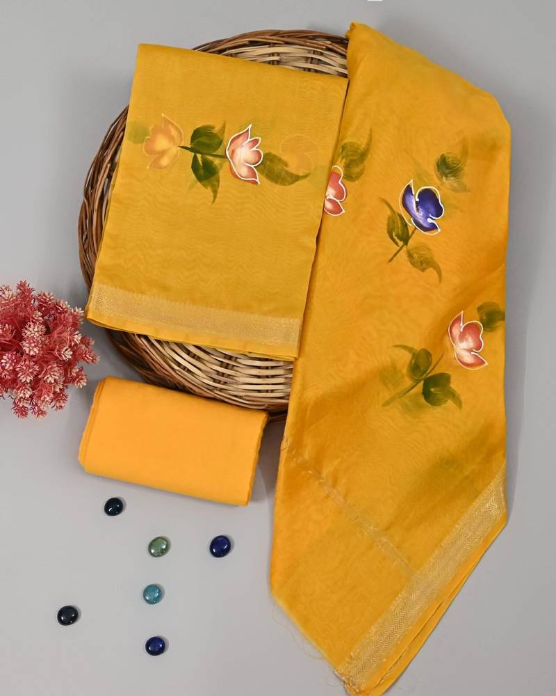 Yellow exclusive new hand block printed maheshwari silk zari border suits pieces