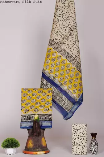 Yellow exclusive new hand block printed maheshwari silk zari border suits pieces