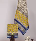 Yellow exclusive new hand block printed maheshwari silk zari border suits pieces