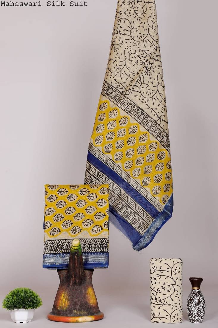 Yellow exclusive new hand block printed maheshwari silk zari border suits pieces