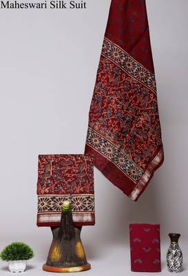 Maroon exclusive new hand block printed maheshwari silk zari border suits pieces 1