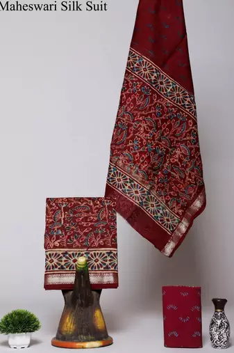 Maroon exclusive new hand block printed maheshwari silk zari border suits pieces