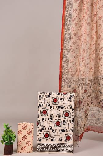 Peach hand block printed cotton suit with kota doriya dupatta