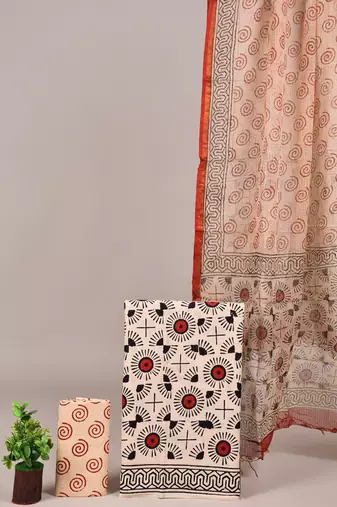 Peach hand block printed cotton suit with kota doriya dupatta