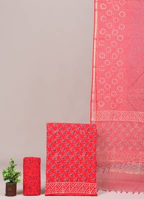 Pink hand block printed cotton suit with kota doriya dupatta 1