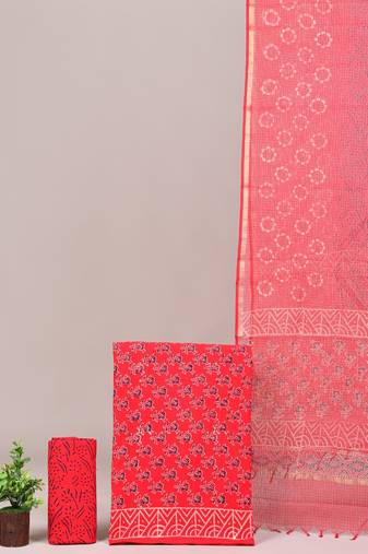 Pink hand block printed cotton suit with kota doriya dupatta