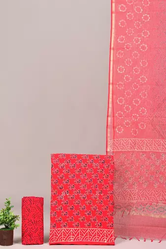 Pink hand block printed cotton suit with kota doriya dupatta