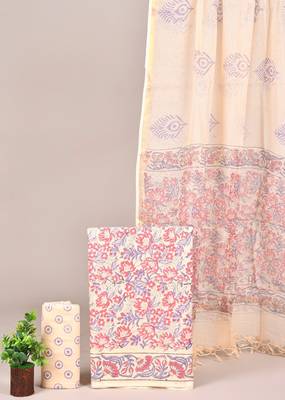 Cream hand block printed cotton suit with kota doriya dupatta 1