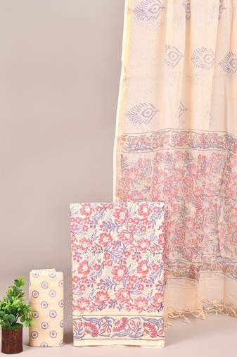 Cream hand block printed cotton suit with kota doriya dupatta