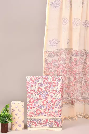 Cream hand block printed cotton suit with kota doriya dupatta