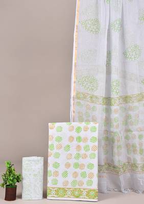 Off white hand block printed cotton suit with kota doriya dupatta 1