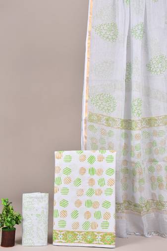 Off white hand block printed cotton suit with kota doriya dupatta