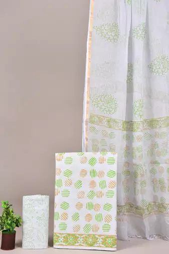 Off white hand block printed cotton suit with kota doriya dupatta