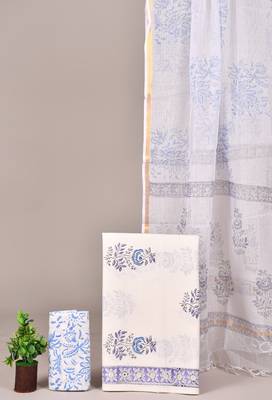 Off white hand block printed cotton suit with kota doriya dupatta 1