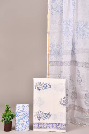 Off white hand block printed cotton suit with kota doriya dupatta