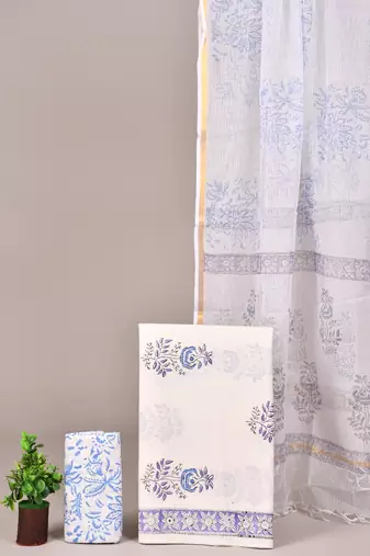 Off white hand block printed cotton suit with kota doriya dupatta