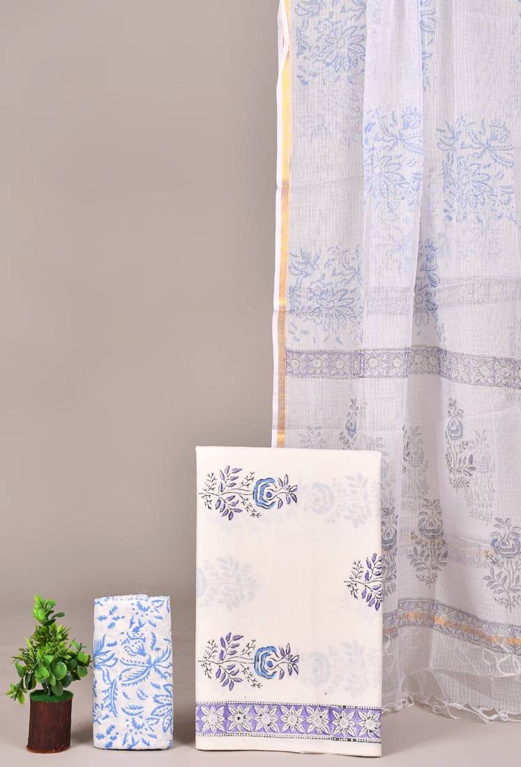 Off white hand block printed cotton suit with kota doriya dupatta