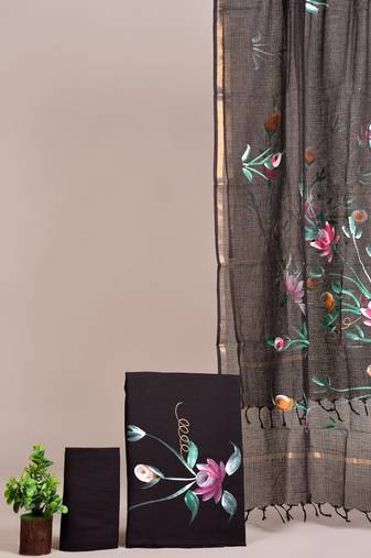 Green hand block printed cotton suit with kota doriya dupatta