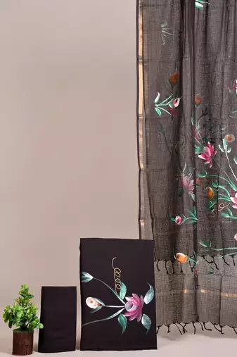 Green hand block printed cotton suit with kota doriya dupatta