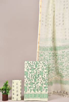 Blue hand block printed cotton suit with kota doriya dupatta 1