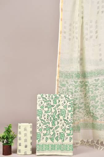 Blue hand block printed cotton suit with kota doriya dupatta