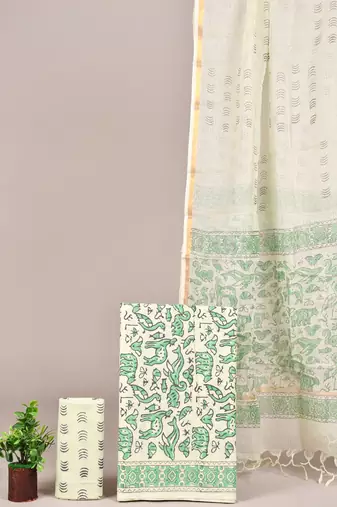 Blue hand block printed cotton suit with kota doriya dupatta