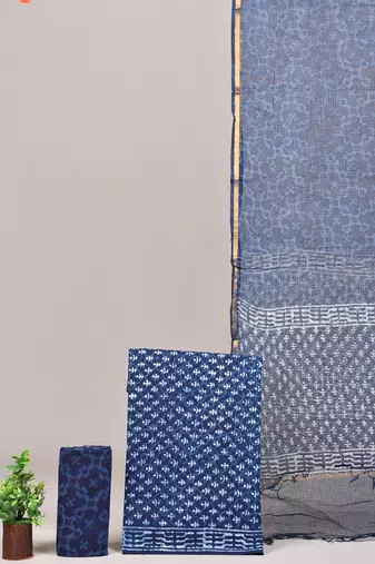 Red hand block printed cotton suit with kota doriya dupatta