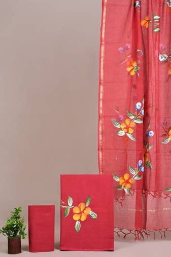 Pink hand block printed cotton suit with kota doriya dupatta
