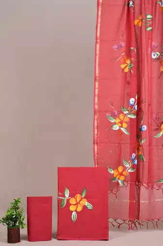 Pink hand block printed cotton suit with kota doriya dupatta