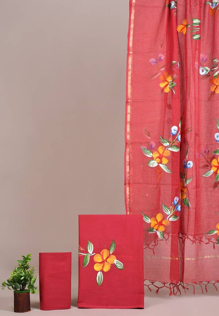 Pink hand block printed cotton suit with kota doriya dupatta